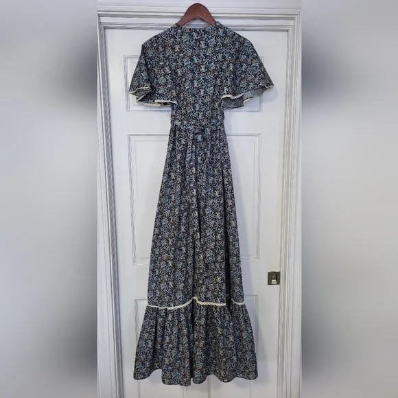 Phase II Vintage 70's Blue Calico Floral Prairie Cottage Boho Maxi Dress Size 11